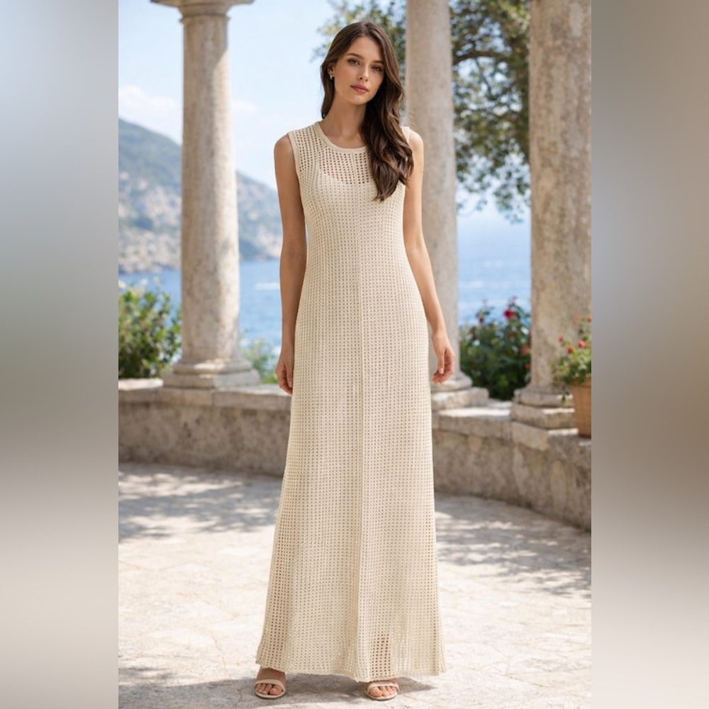 NEW Le’ Alx Pointelle Knit Sleeveless Maxi Dress Neutral Minimalist Chic - M